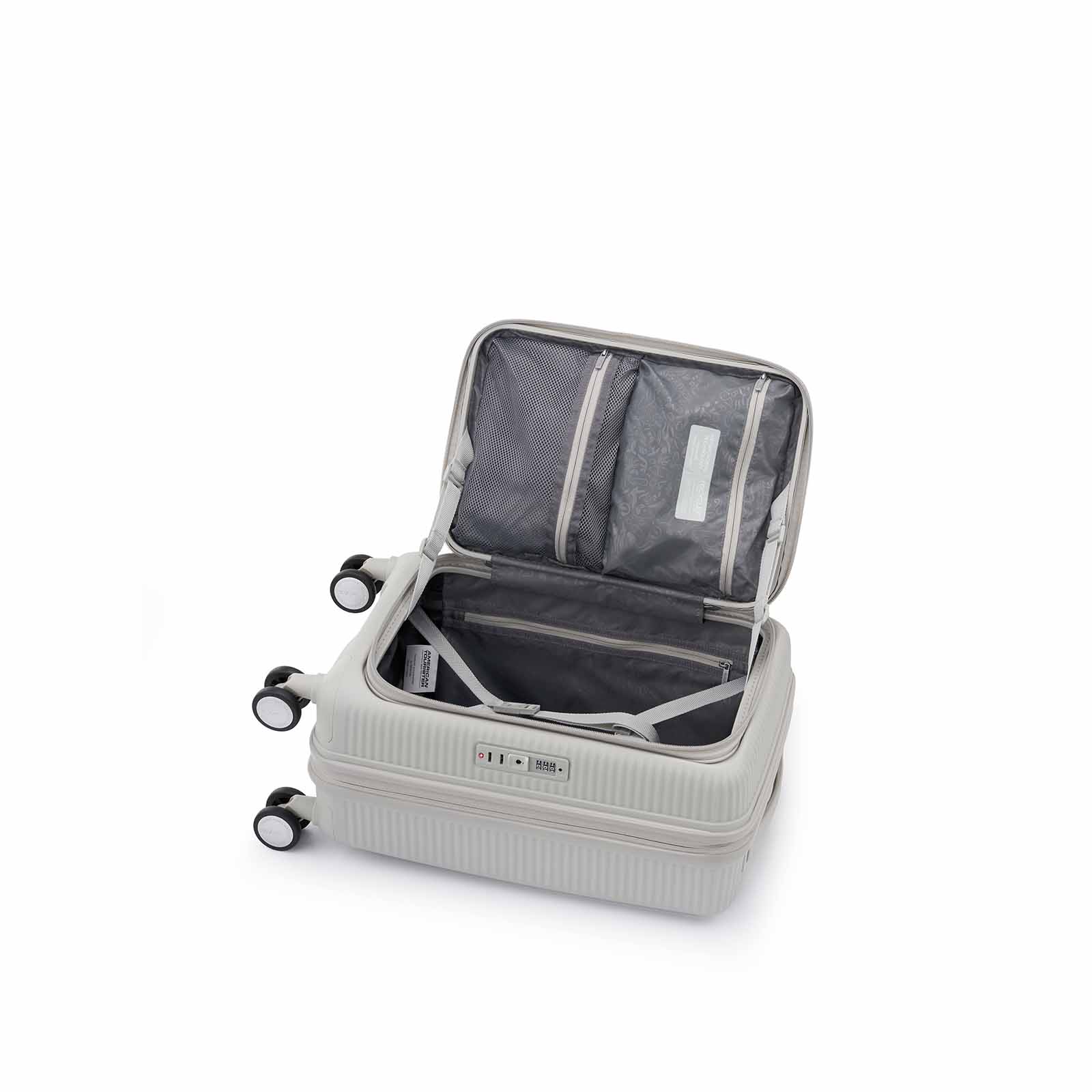 American-Tourister-Curio-Book-Opening-55cm-Carry-On-Suitcase-Cool-Grey-Open