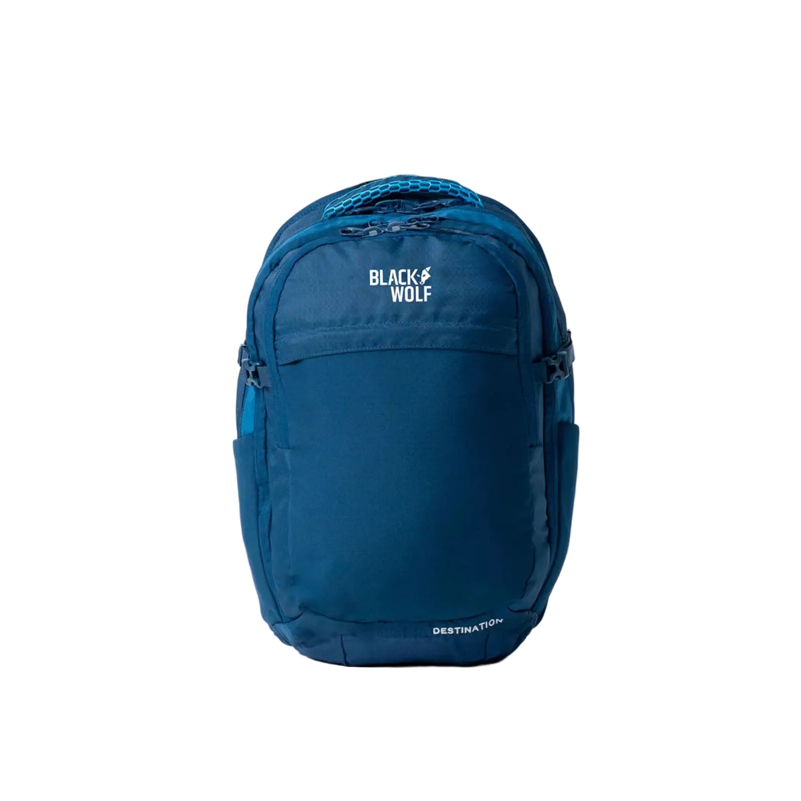 Blue backpack with 'Black Wolf' branding on a white background