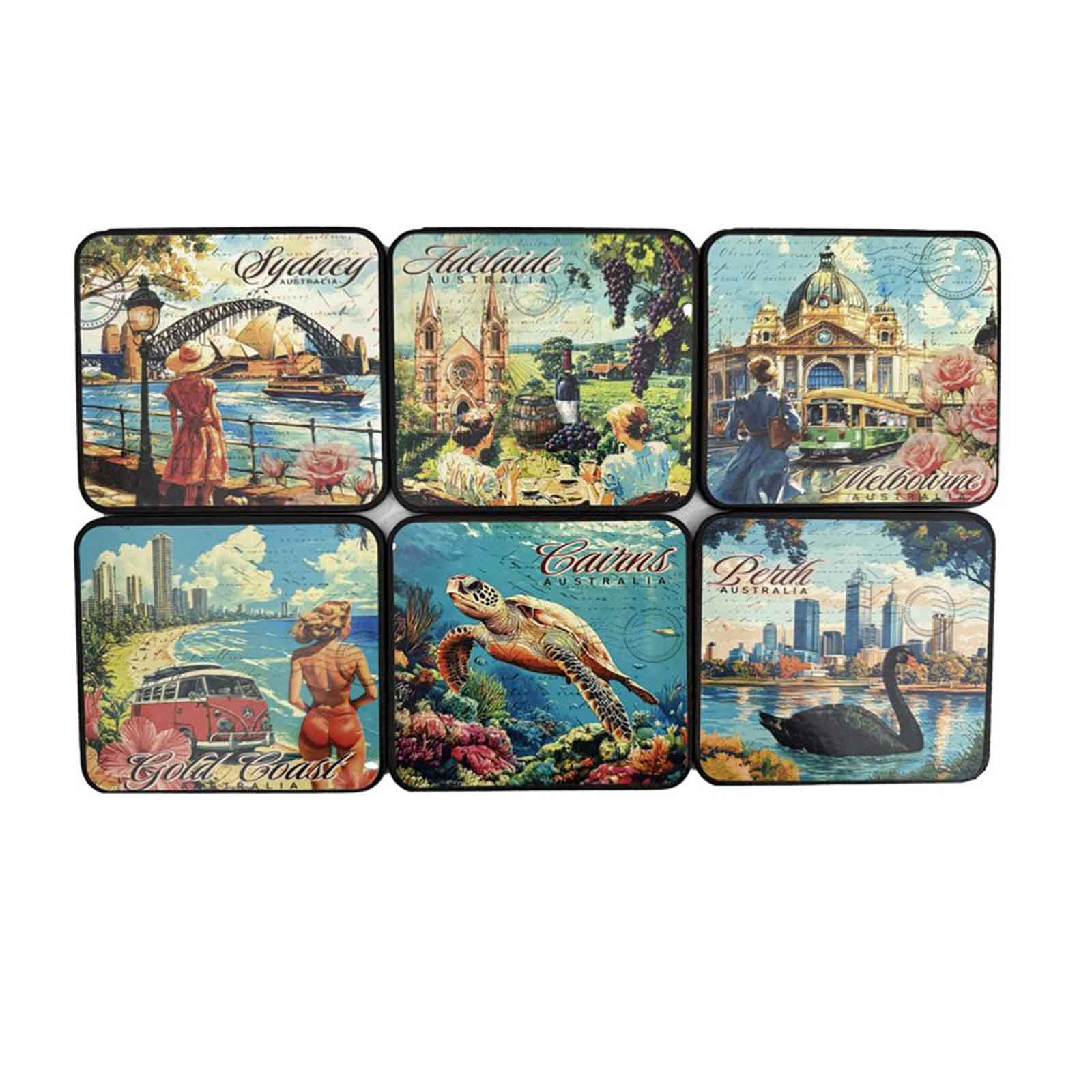 Coaster-6-Pcs-Australian-Cities-Vintage-Corkwood