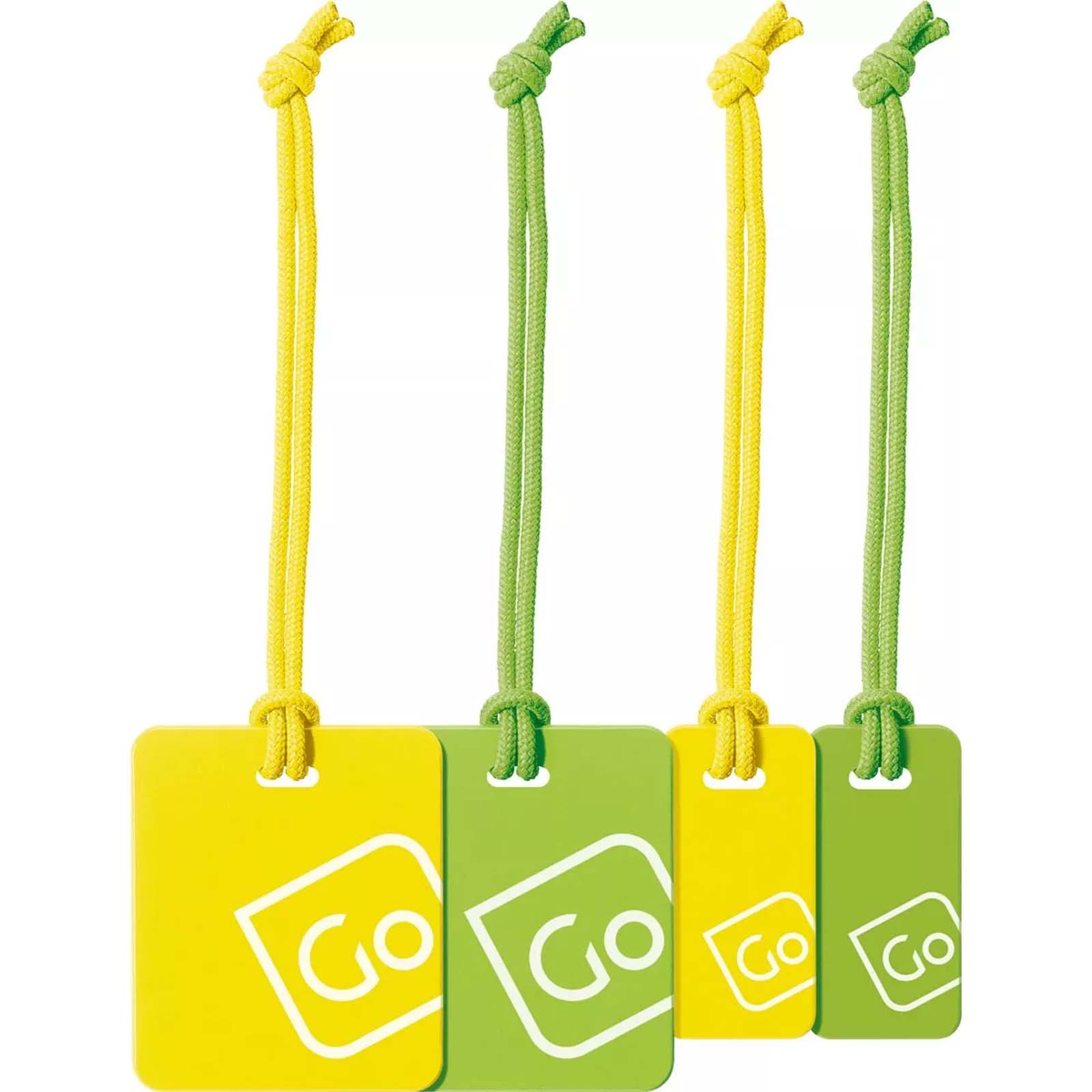 Four yellow and green luggage tags with 'Go' logo on a white background