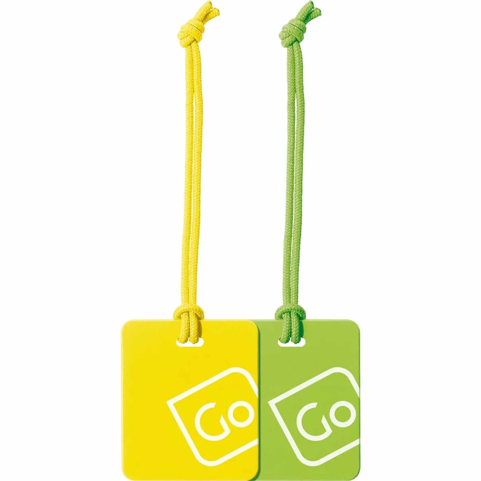Two luggage tags, one yellow and one green, with 'GO' logo on a white background.