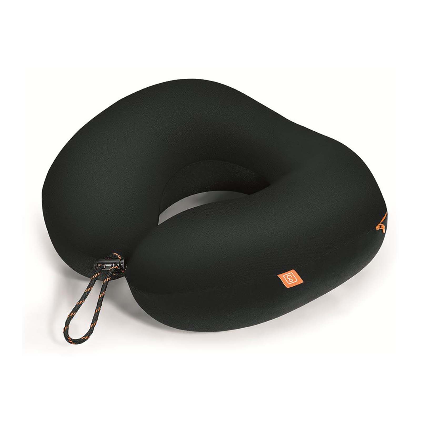 Black travel neck pillow with a Go logo on a white background