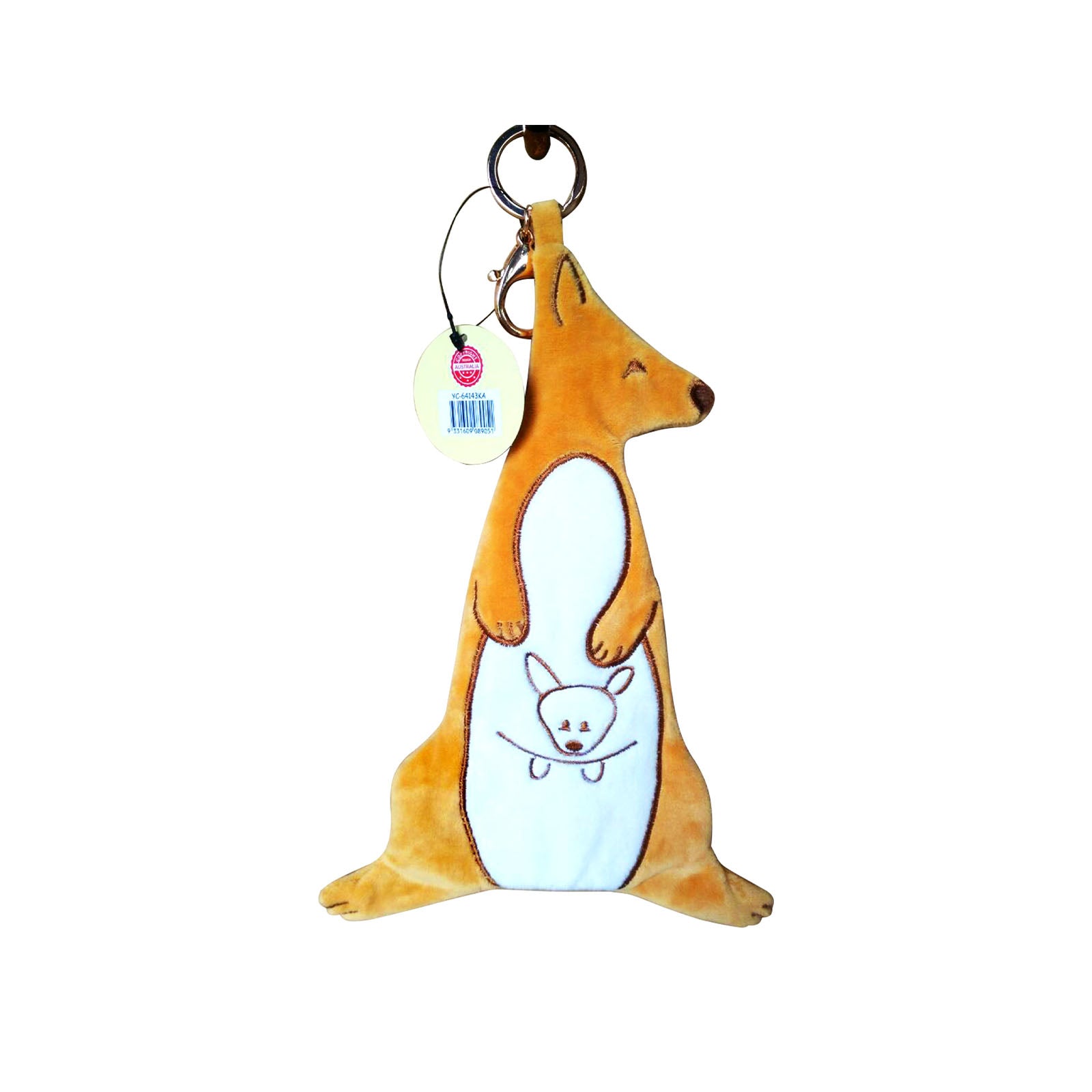 Plush keychain shaped like a kangaroo with a white belly featuring a Joey face