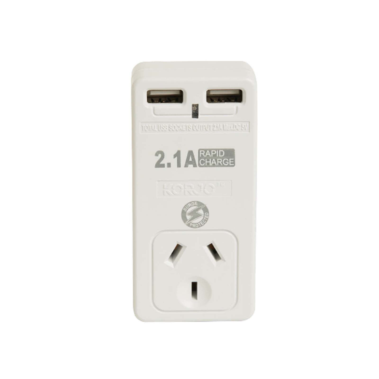 Korjo-Travel-Adaptor-2-USB-Port-Australia-To-Europe-Front