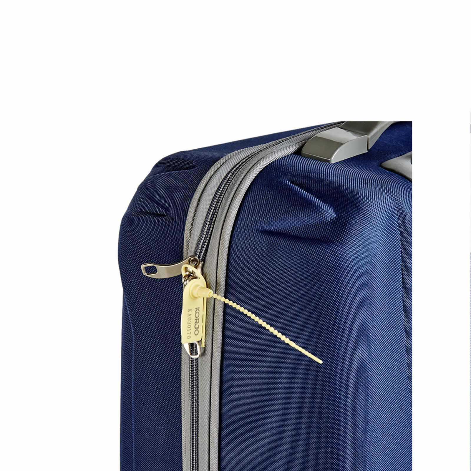 Close-up of a blue suitcase with Korjo travel safe seals on a white background