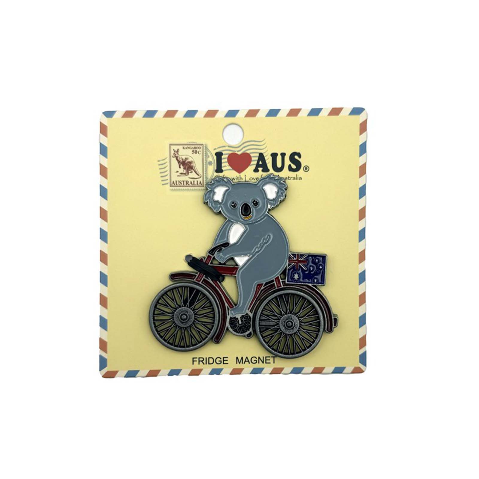 Fridge magnet of a koala on a bicycle with 'I ❤️ AUS' branding on a striped card.