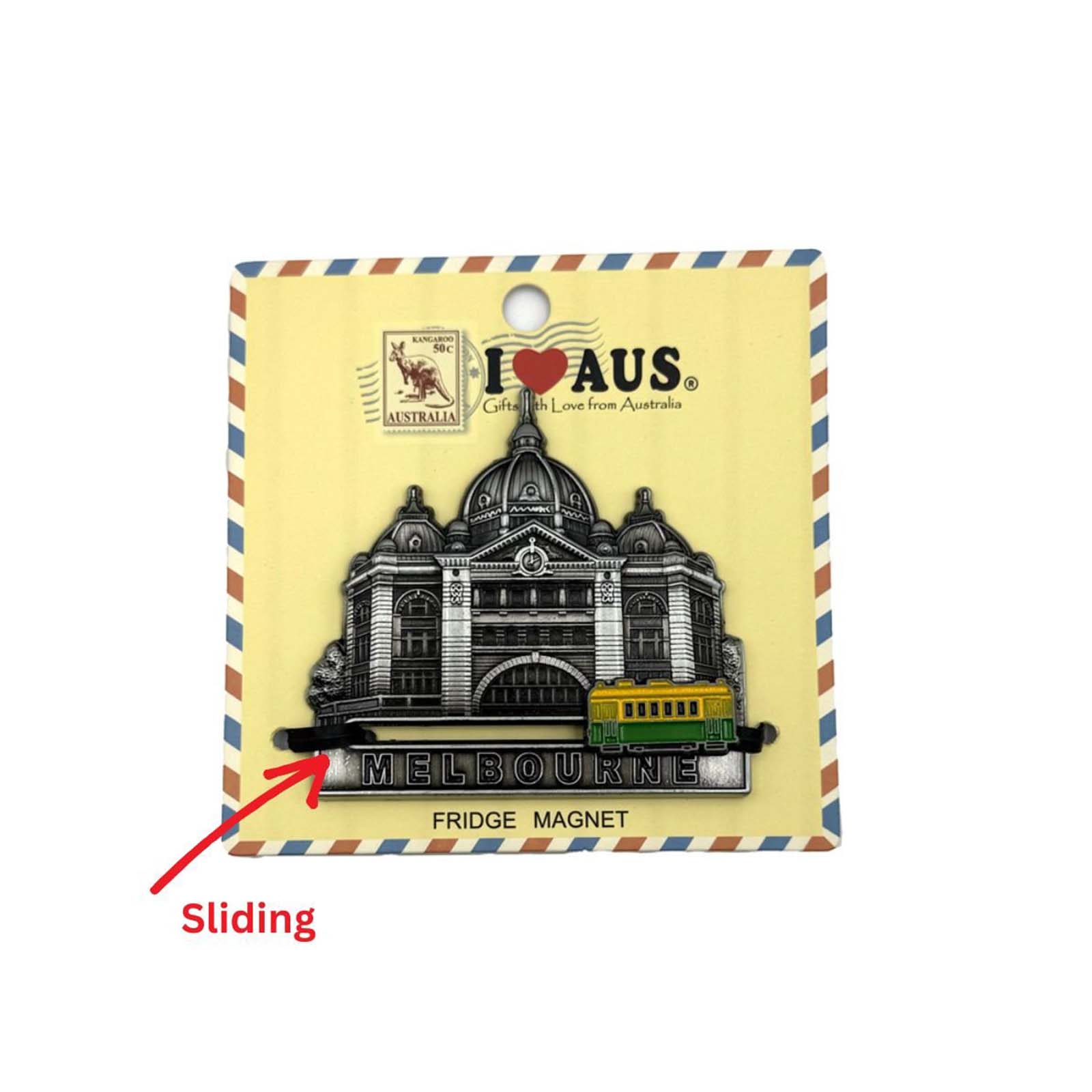 Fridge magnet of a Melbourne building on a 'I ❤️ AUS' branded card