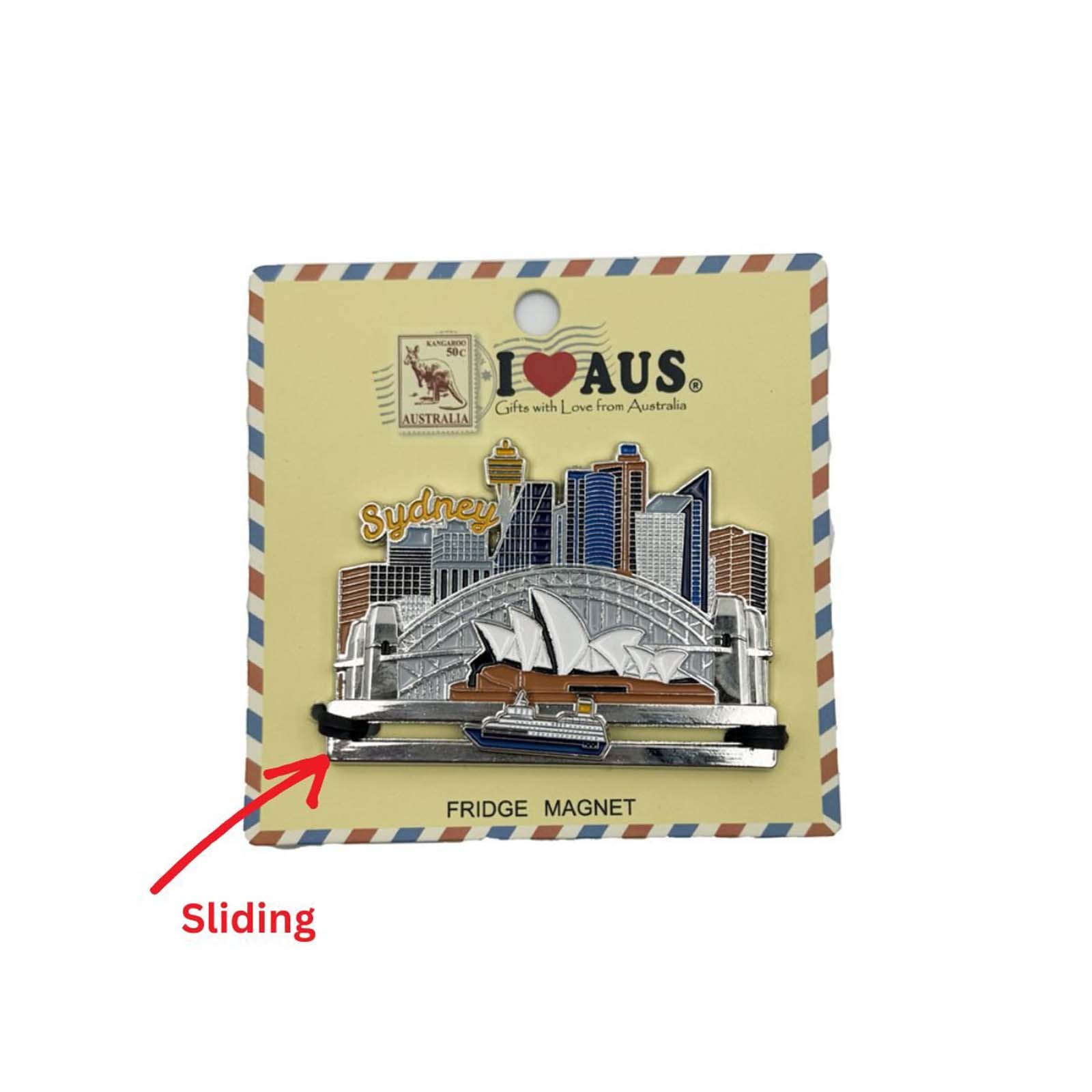 Fridge magnet packaging with Sydney Harbour Bridge design on a striped background
