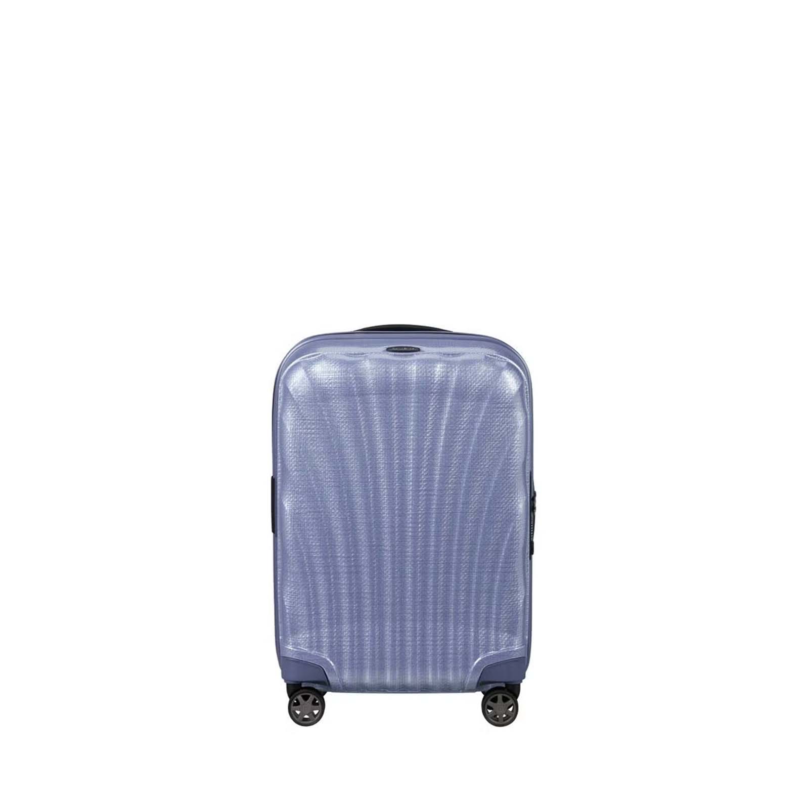Lavender Samsonite suitcase on a white background
