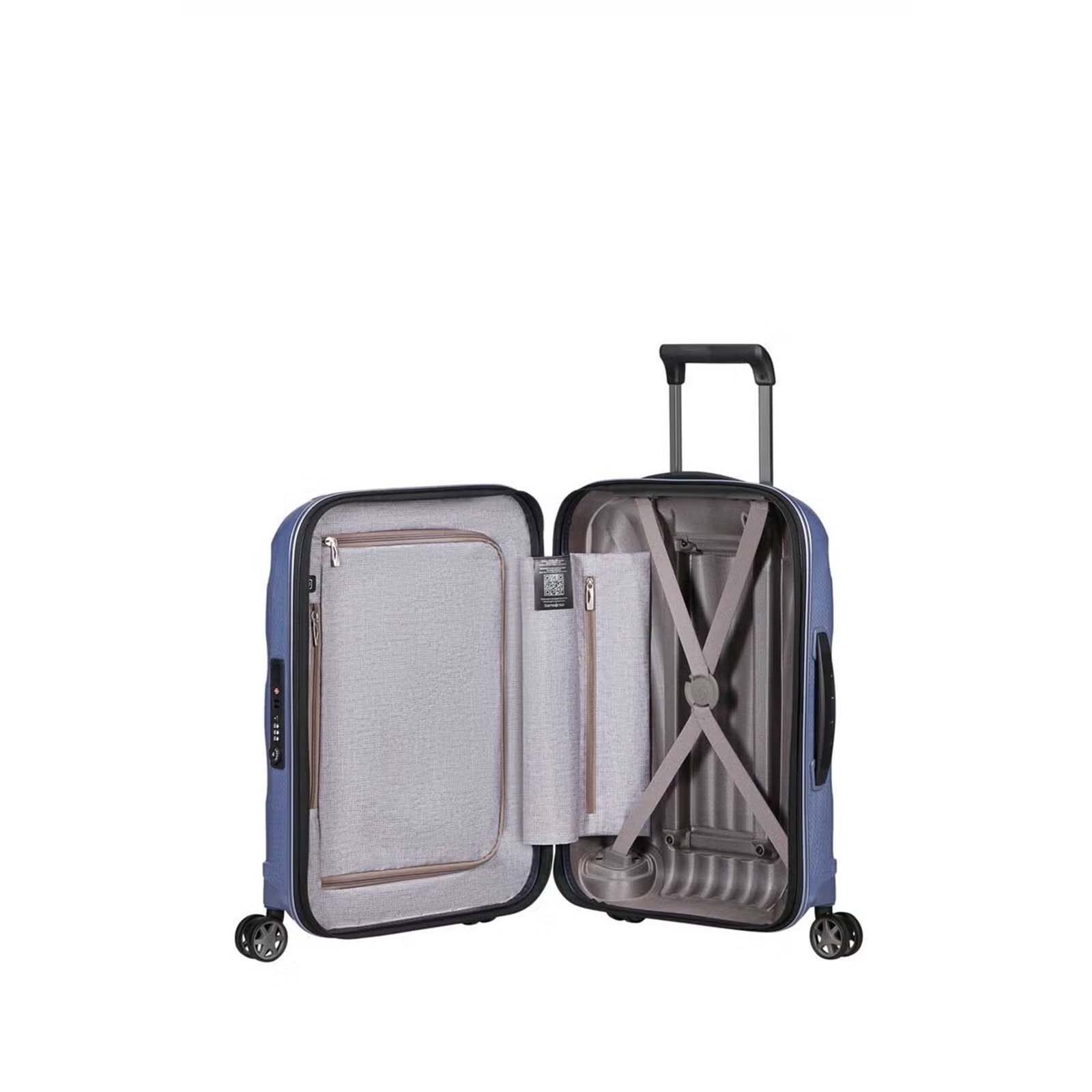 Lavender Samsonite open suitcase with interior view on a white background