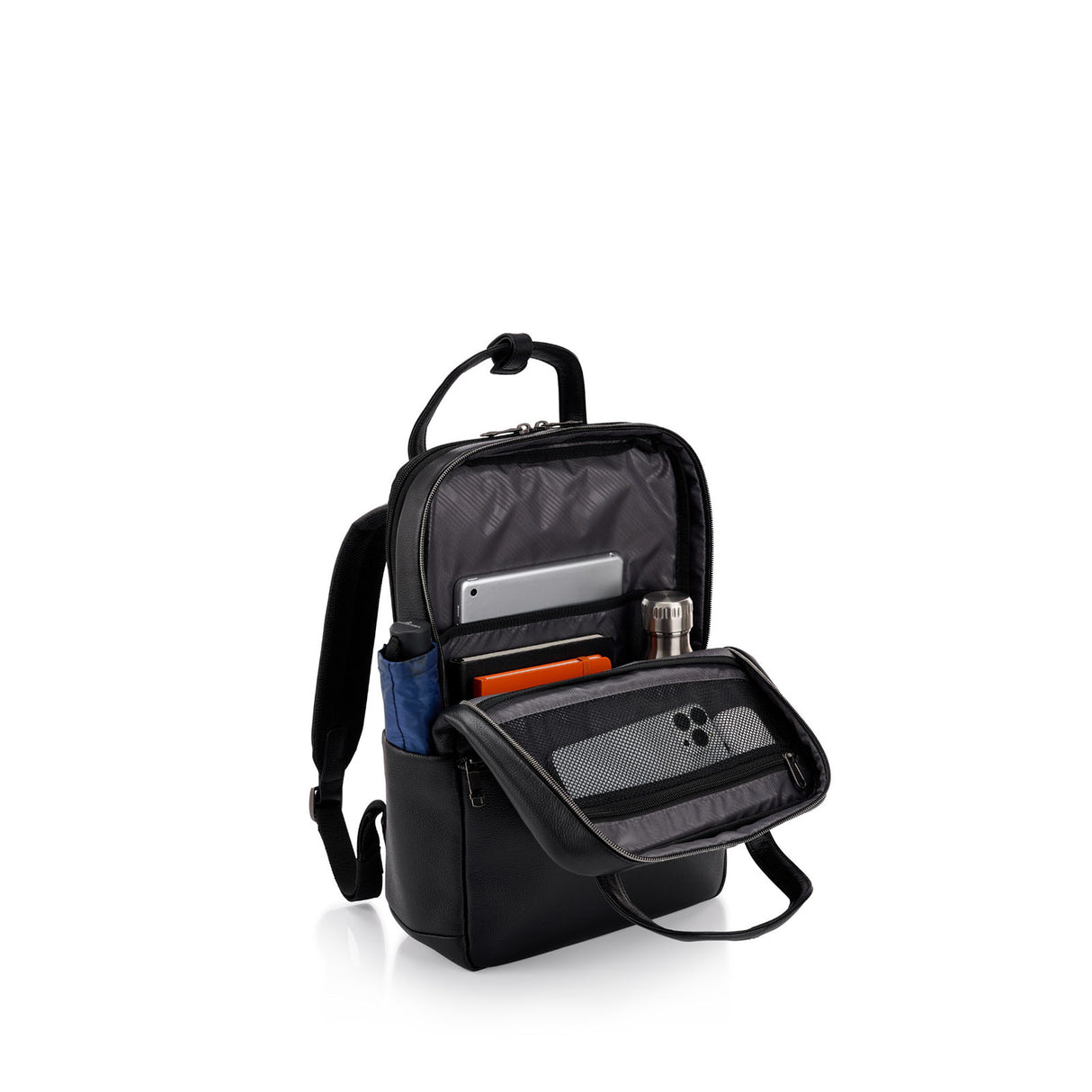 A black backpack shown open on a white background, with its main compartment and front pocket displayed to show storage capacity. The interior is lined in dark gray, and various items like a laptop, notebook, and bottle are visible inside.