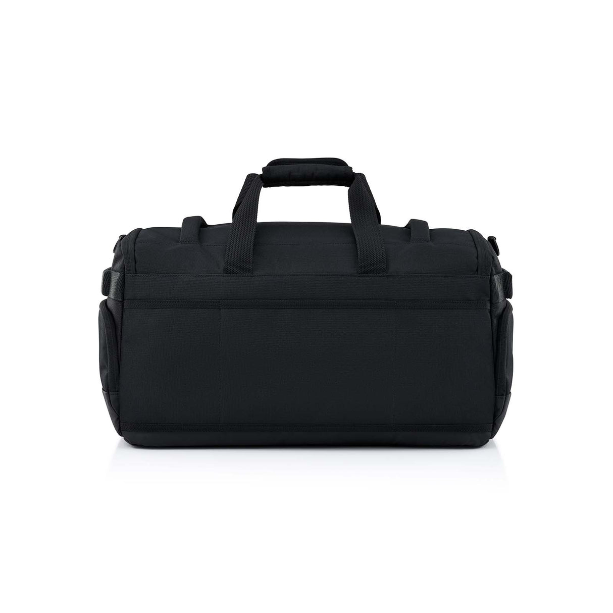 A black duffel bag with dual top handles and side pockets, photographed from the front on a clean white background.