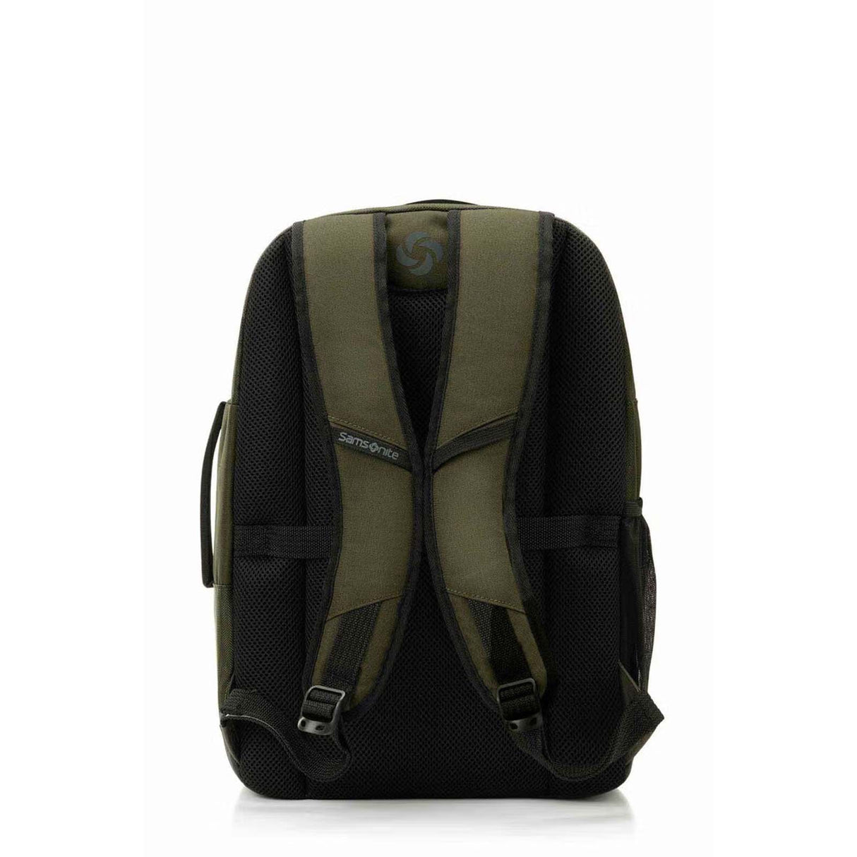 The back view of a backpack in olive green and black, featuring padded shoulder straps, mesh side pockets, and a small circular logo on the upper backrest.