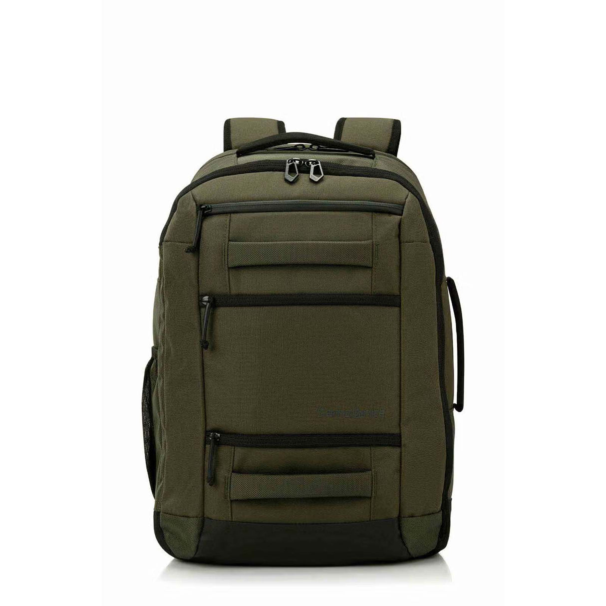 An olive green backpack with black zippers, trim, and base, shown from the front on a white background.