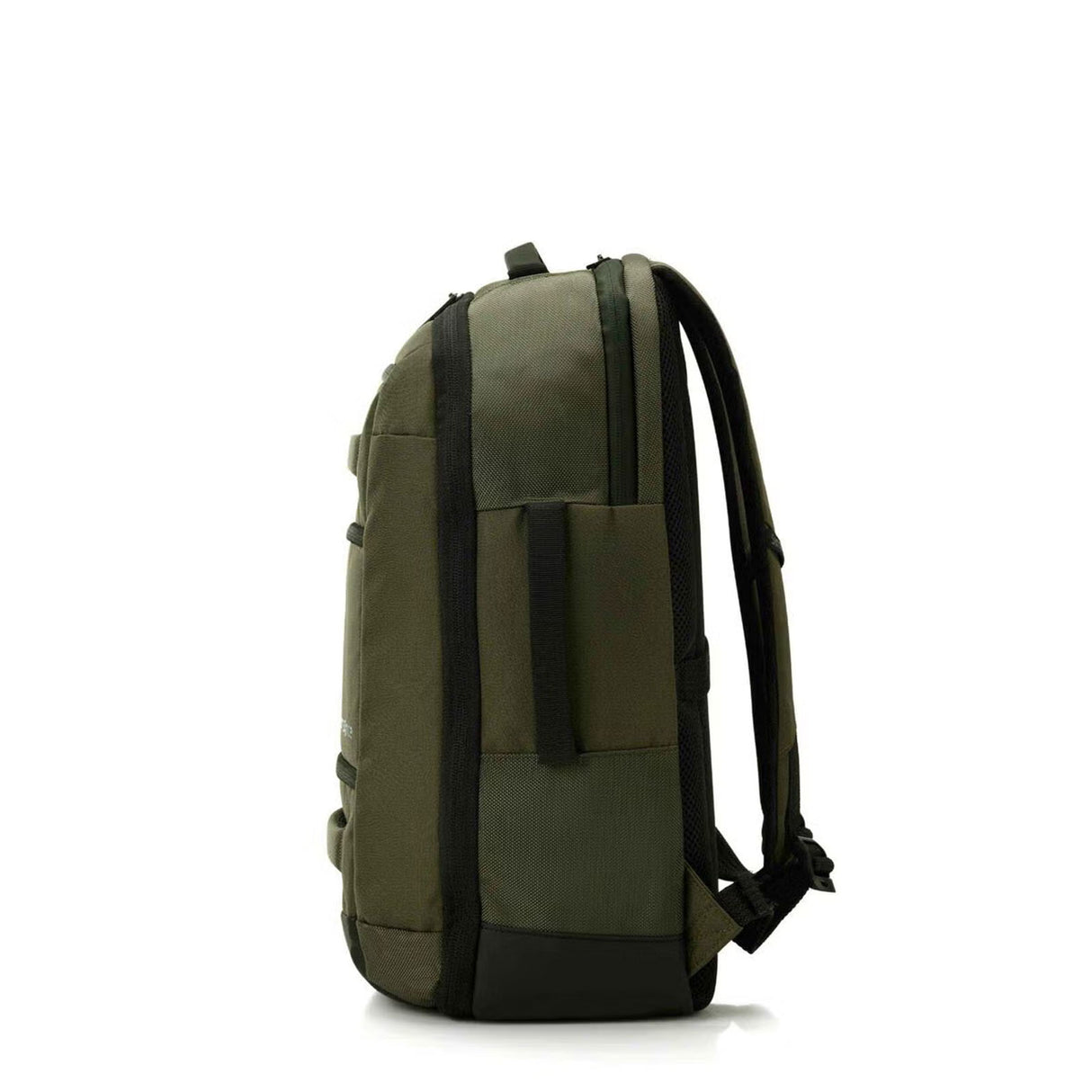 An olive green backpack shown from the side against a plain white background.