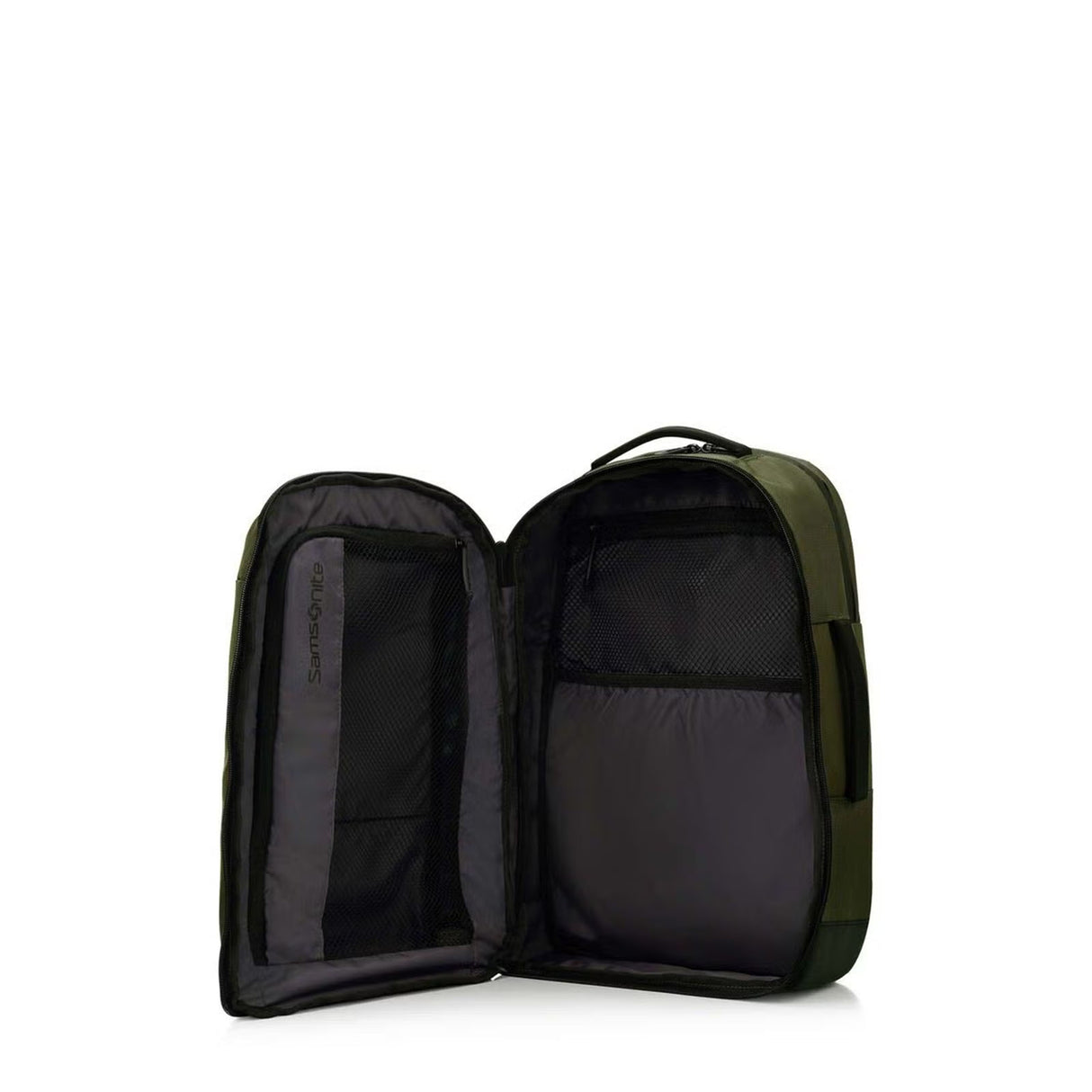 An open Samsonite backpack shown against a white background, displaying its dark navy blue exterior, black mesh pockets, and dark gray interior lining.