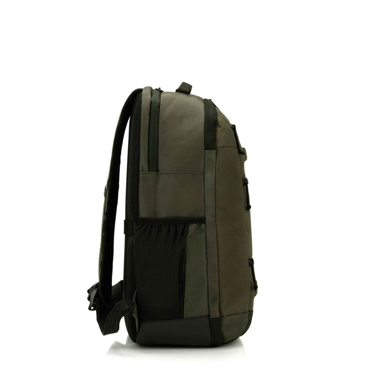 A dark olive green and black backpack shown from the side profile against a plain white background.
