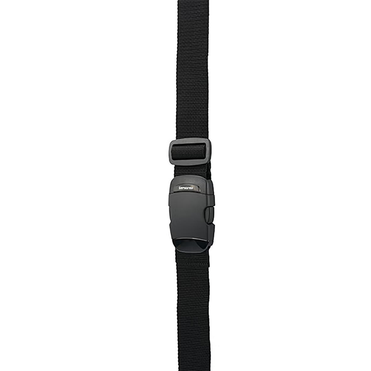 A black nylon webbing strap with a dark gray quick-release plastic buckle, shown vertically against a plain white background.