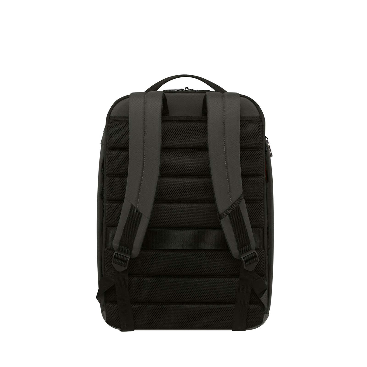 The back view of a dark green backpack with padded, textured shoulder straps and a top carry handle, shown against a plain white background.