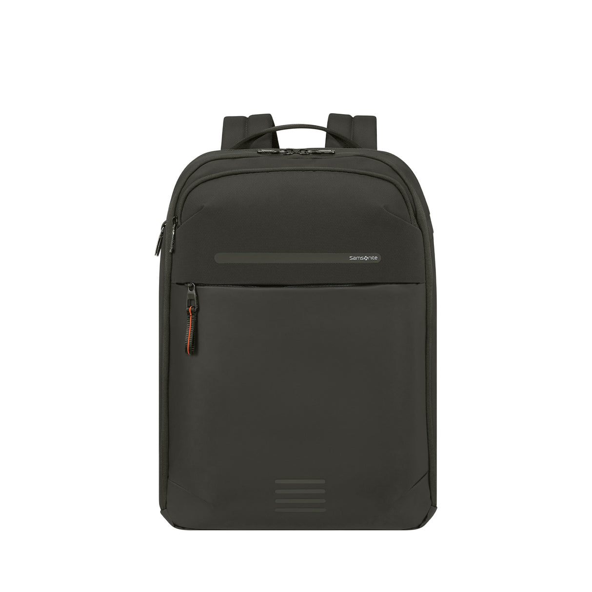 A dark green Samsonite backpack with a top handle, front zippered pocket, and subtle orange accent on the zipper pull, shown against a plain white background.