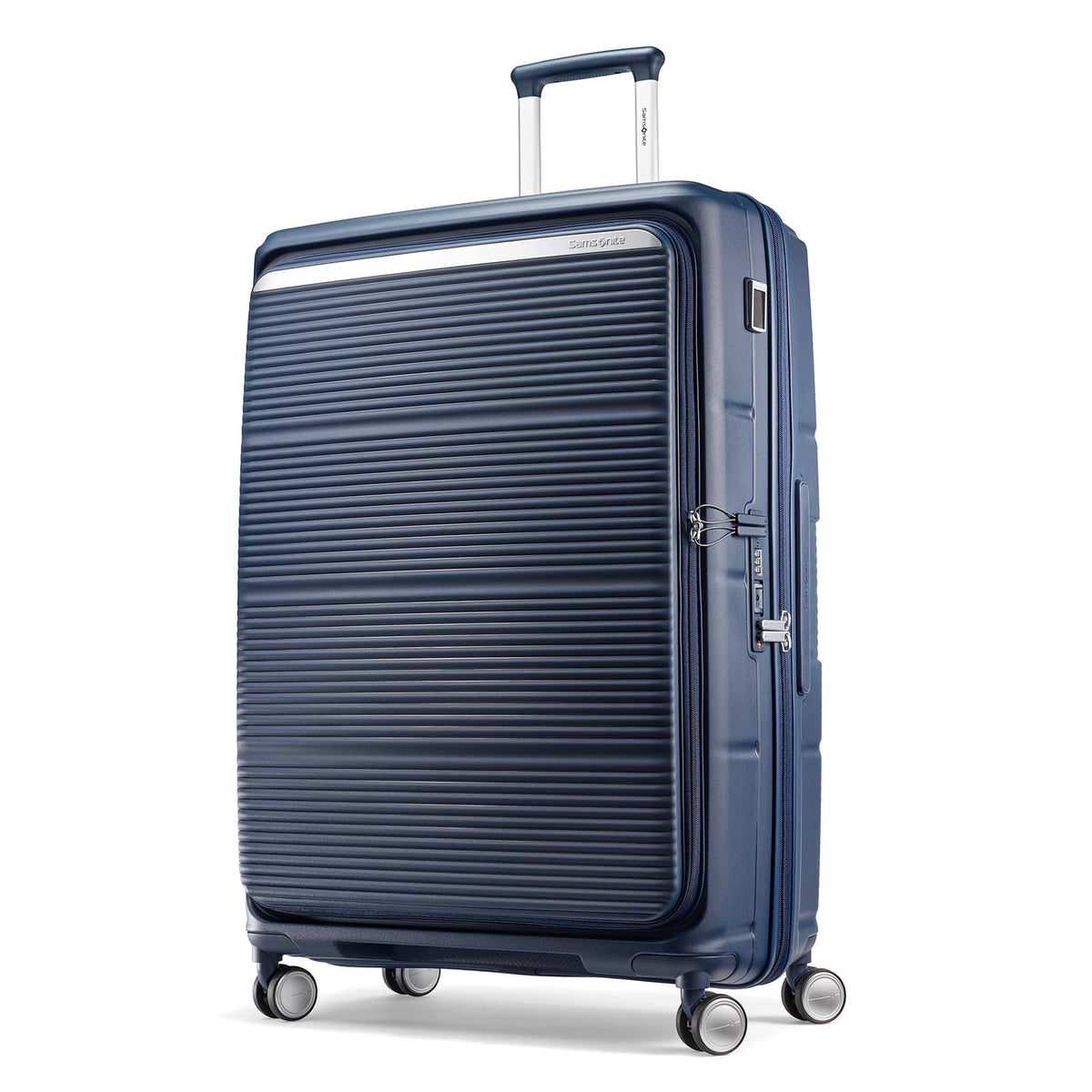 A navy blue hardshell spinner suitcase with a ribbed front panel and silver zippers, shown on a clean white background.