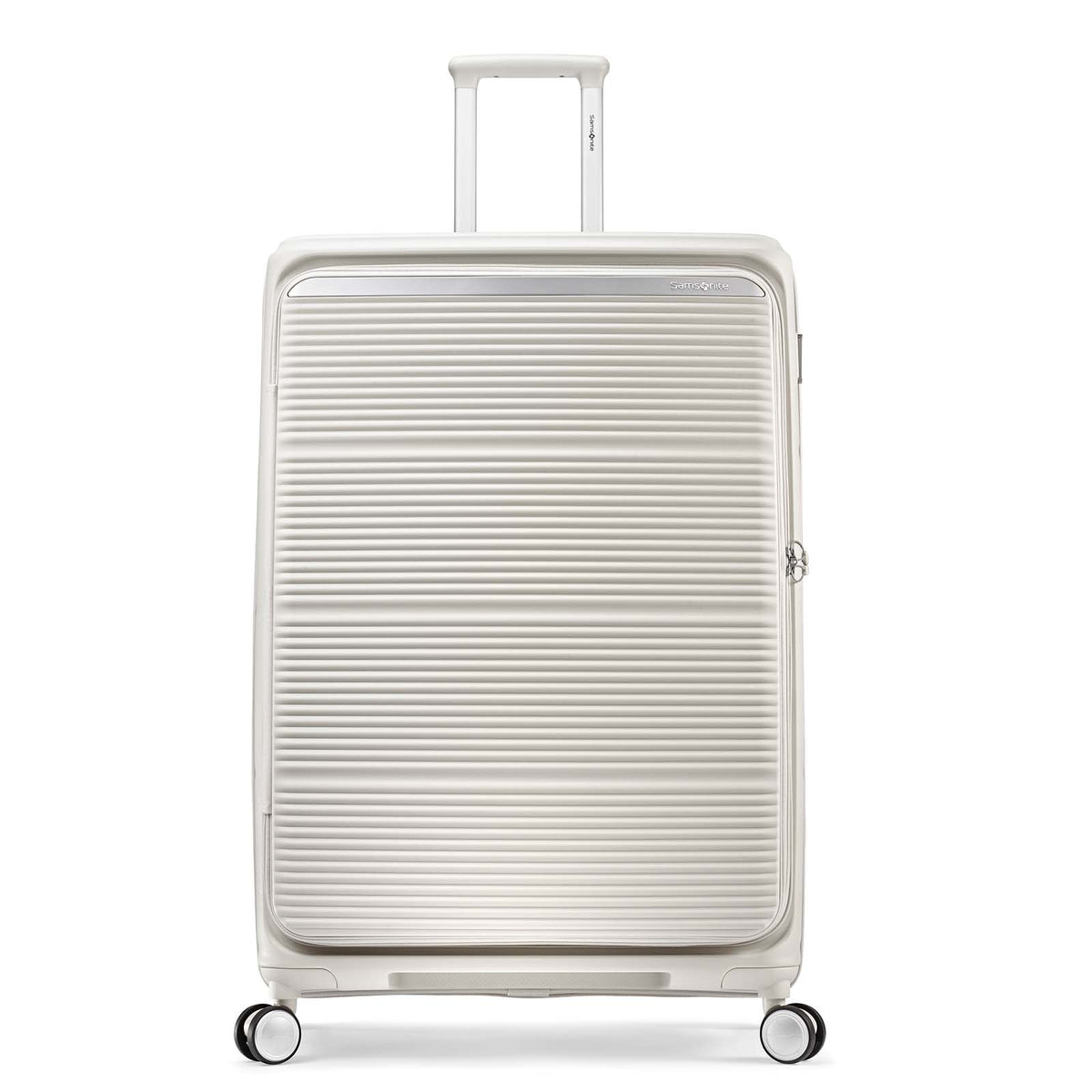 A hard-shell spinner suitcase in a light champagne-gold or warm off-white color, featuring a ribbed front panel and four wheels, shown against a plain white background.