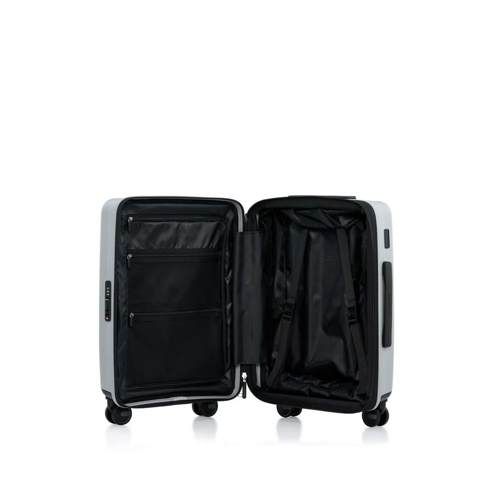 Samsonite Titanium colour open suitcase on a white background