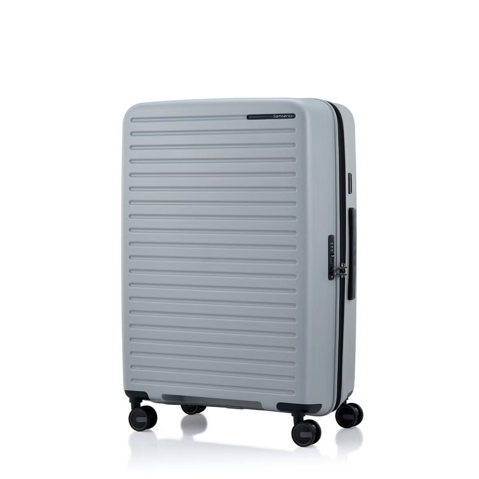 Samsonite Titanium colour suitcase with black wheels on a white background