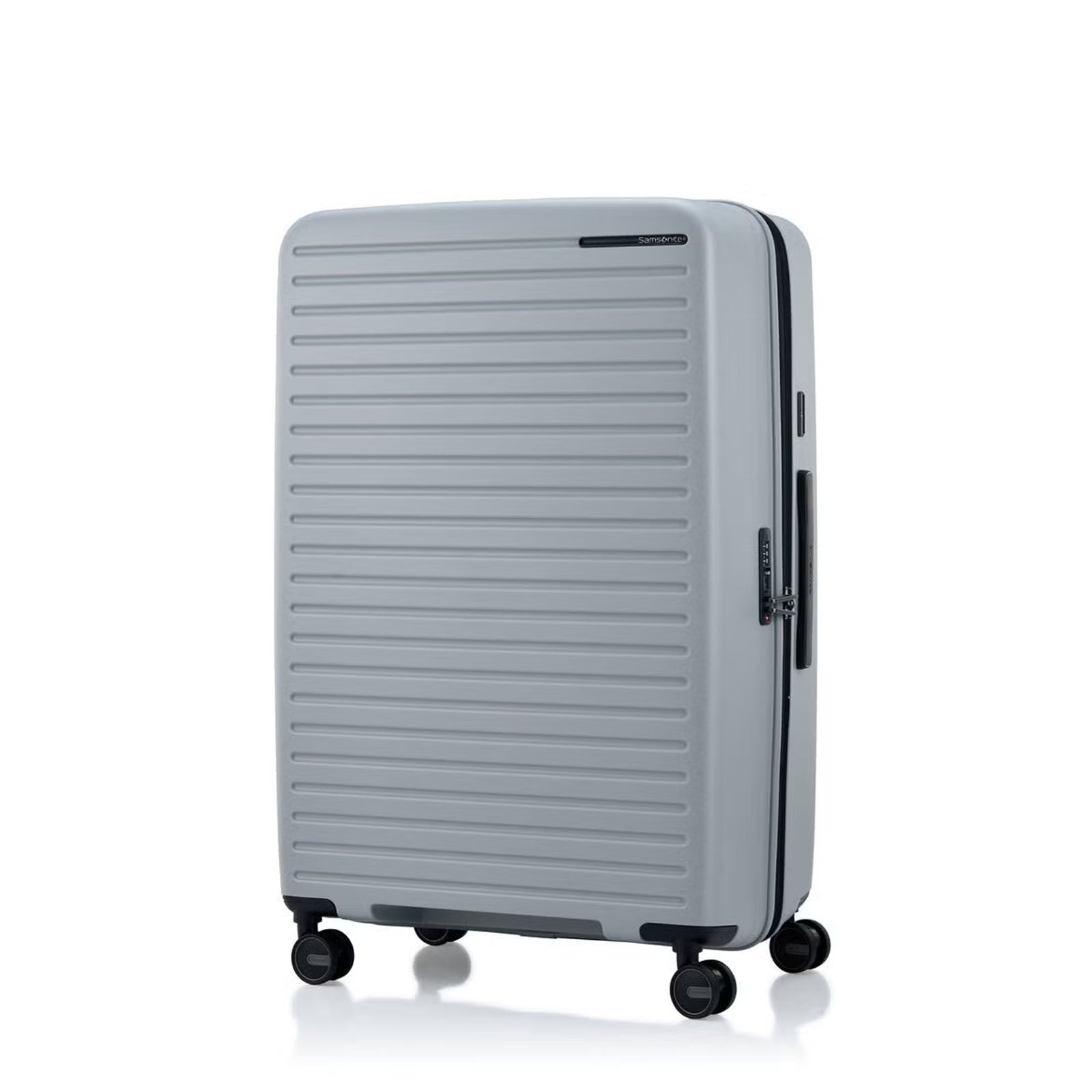 Samsonite Titanium colour suitcase with a ribbed texture on a white background