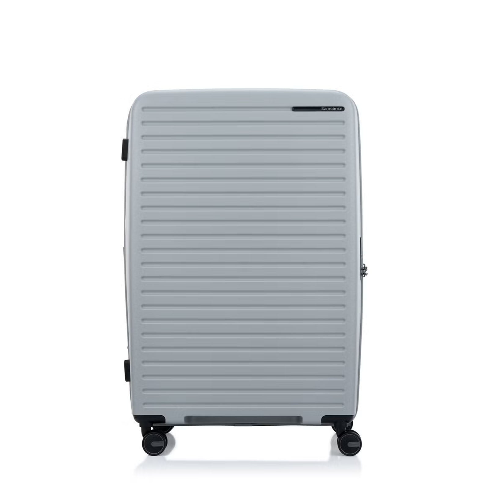 Samsonite Titanium colour suitcase with a ribbed texture on a white background