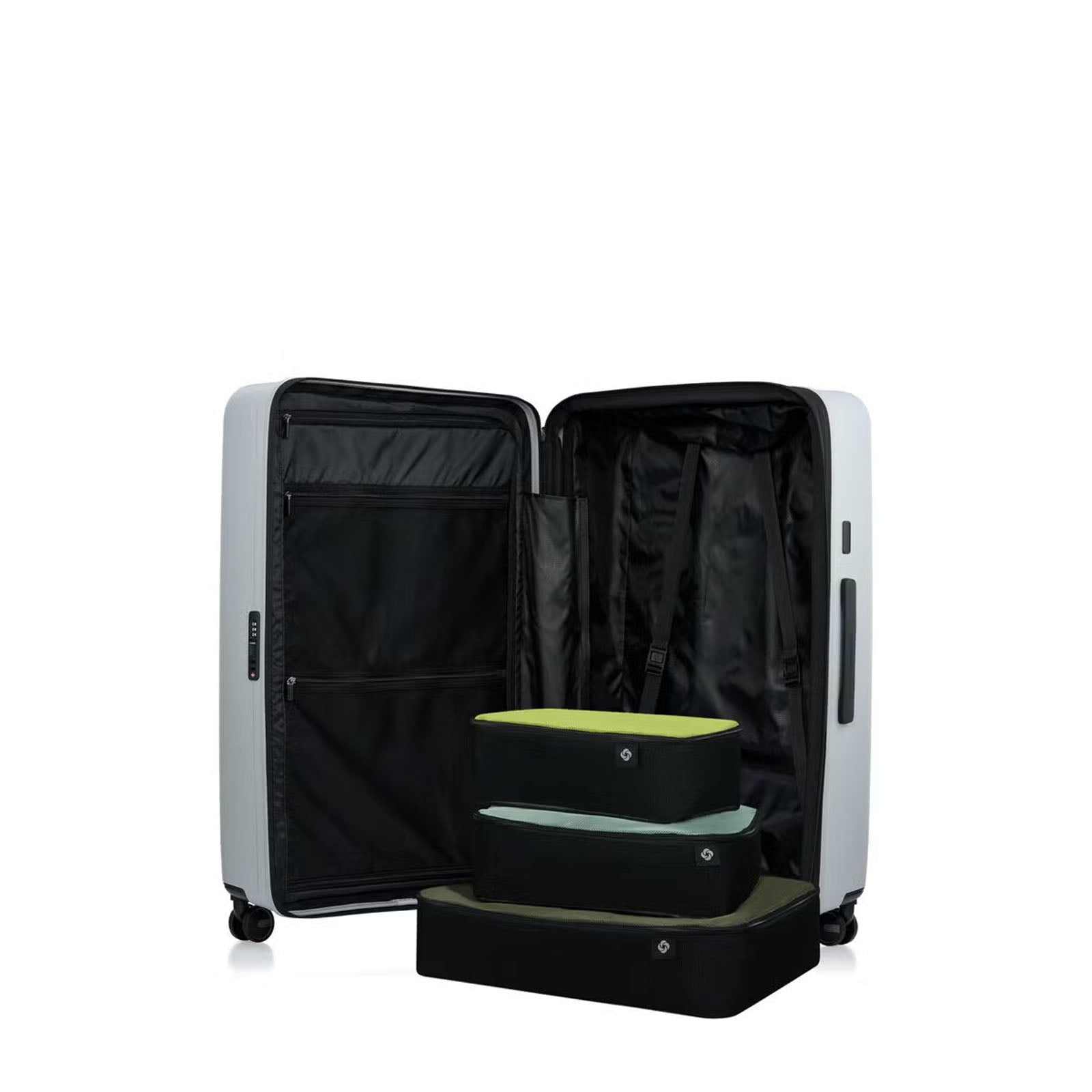 Samsonite Titanium colour suitcase with a green and black item inside on a white background