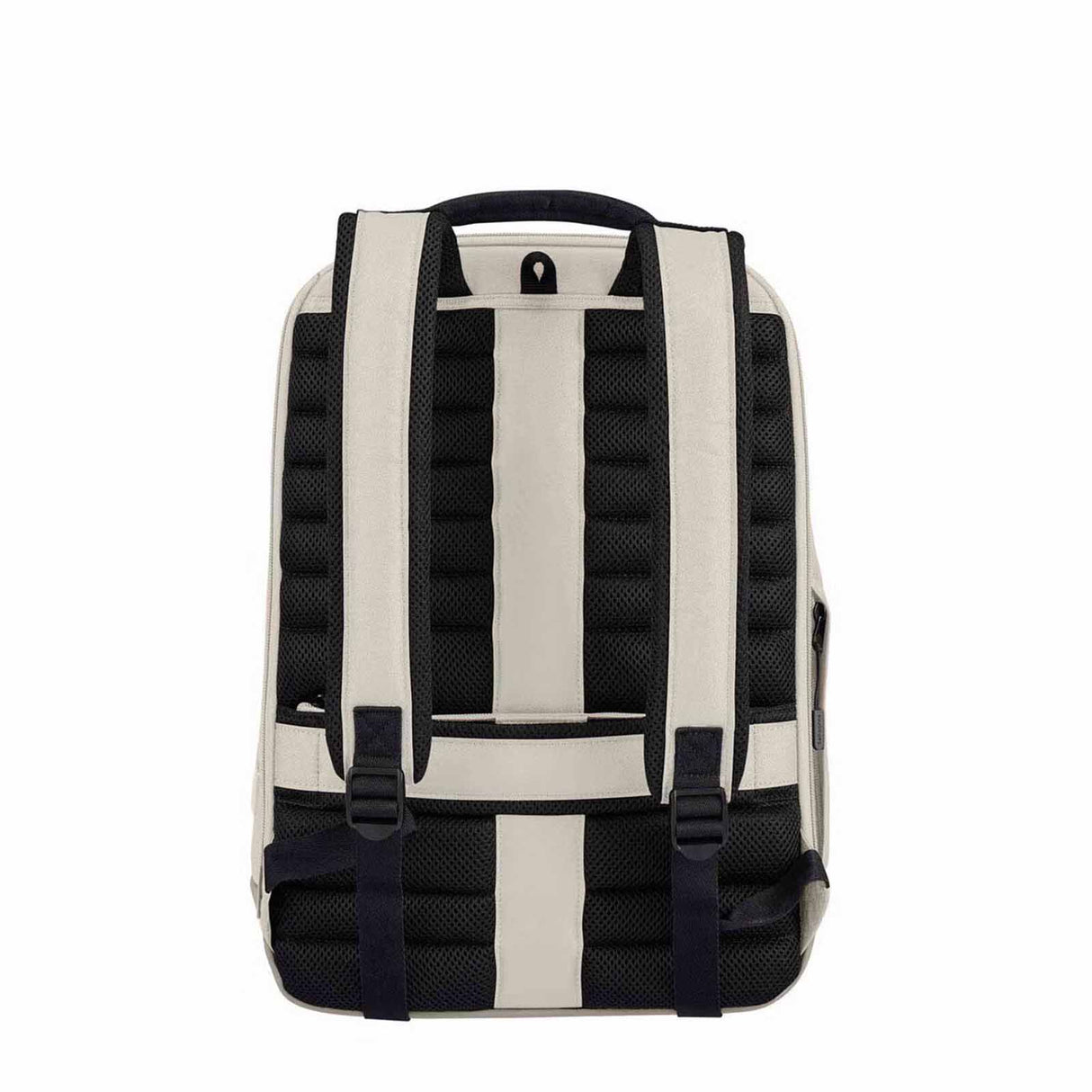 The back view of a backpack featuring a cream-colored fabric body with prominent black mesh ventilation panels and dark navy straps, shown against a plain white background.