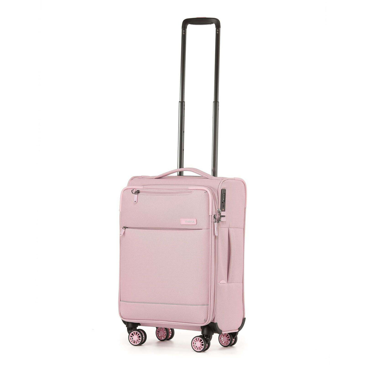 A light pink softside spinner suitcase with an extended black telescoping handle, shown on a plain white background.