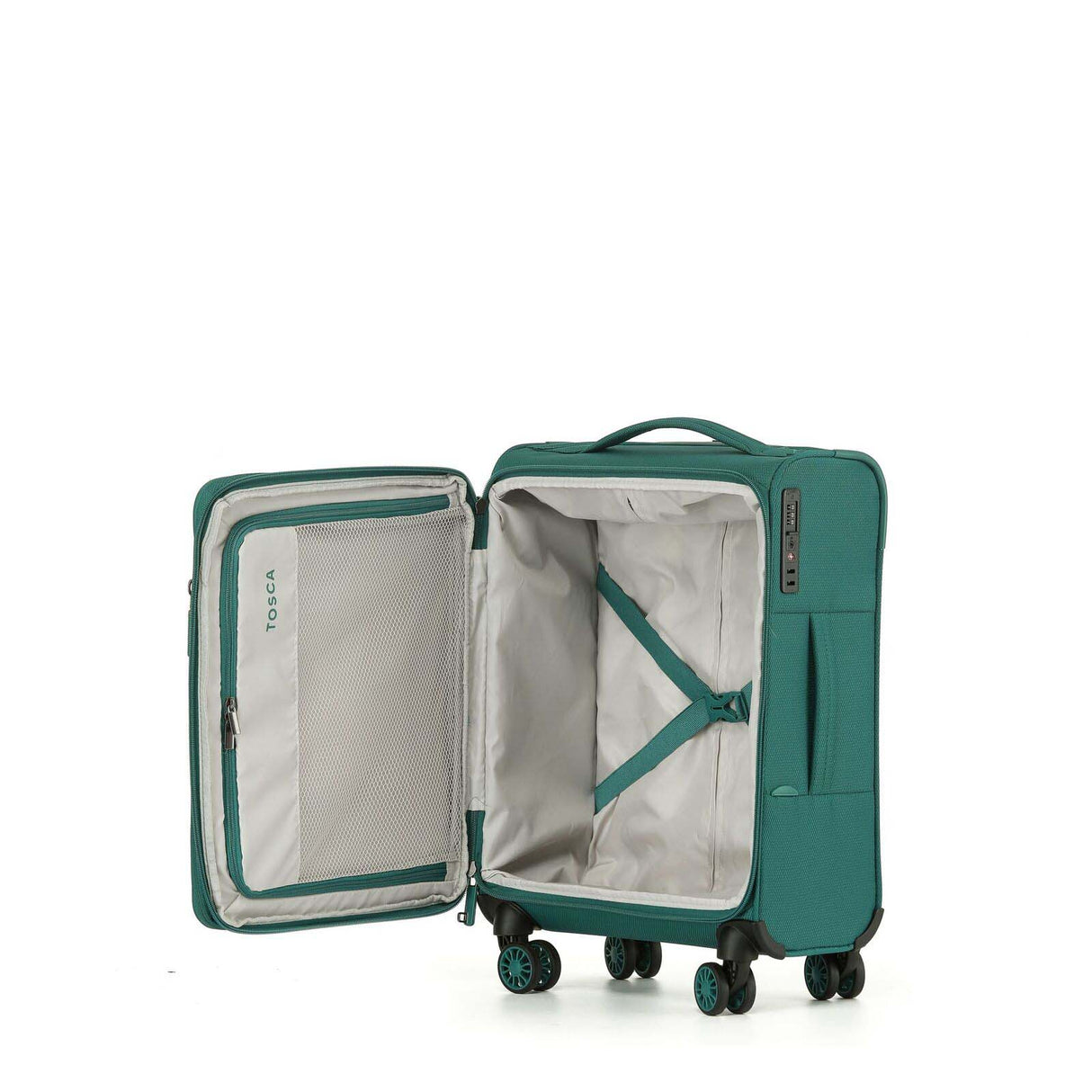 A Emerald Green softside spinner suitcase shown open, displaying its interior organization, zippered side pocket, and gray lining, set against a plain white background.