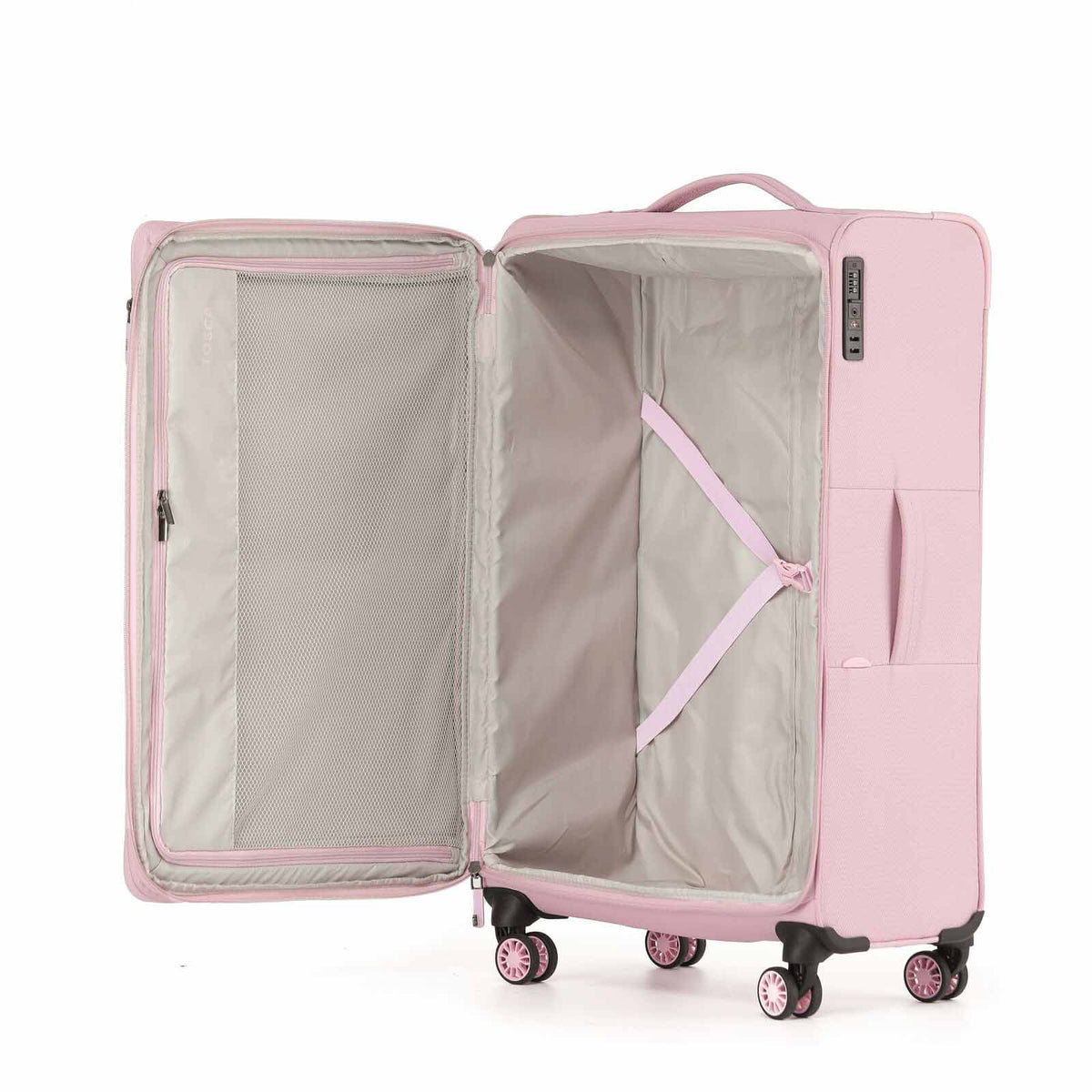 A light pink softside spinner suitcase shown open, displaying its interior organization, zippered side pocket, and gray lining, set against a plain white background.