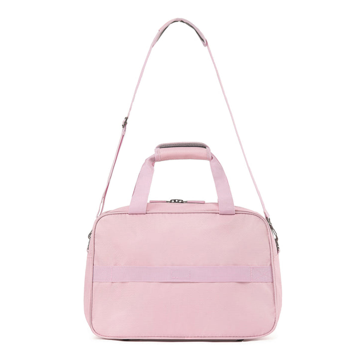 A light pink carry-on bag with a top handle, a shoulder strap, and a smart strap, shown against a plain white background.