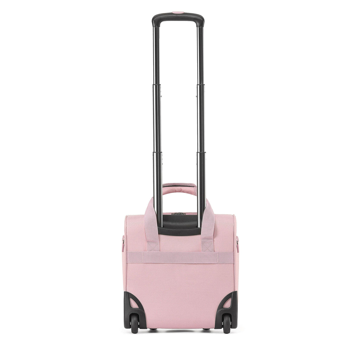 A pink carry-on suitcase with an extended black telescoping handle and two wheels, shown from the back on a plain white background.