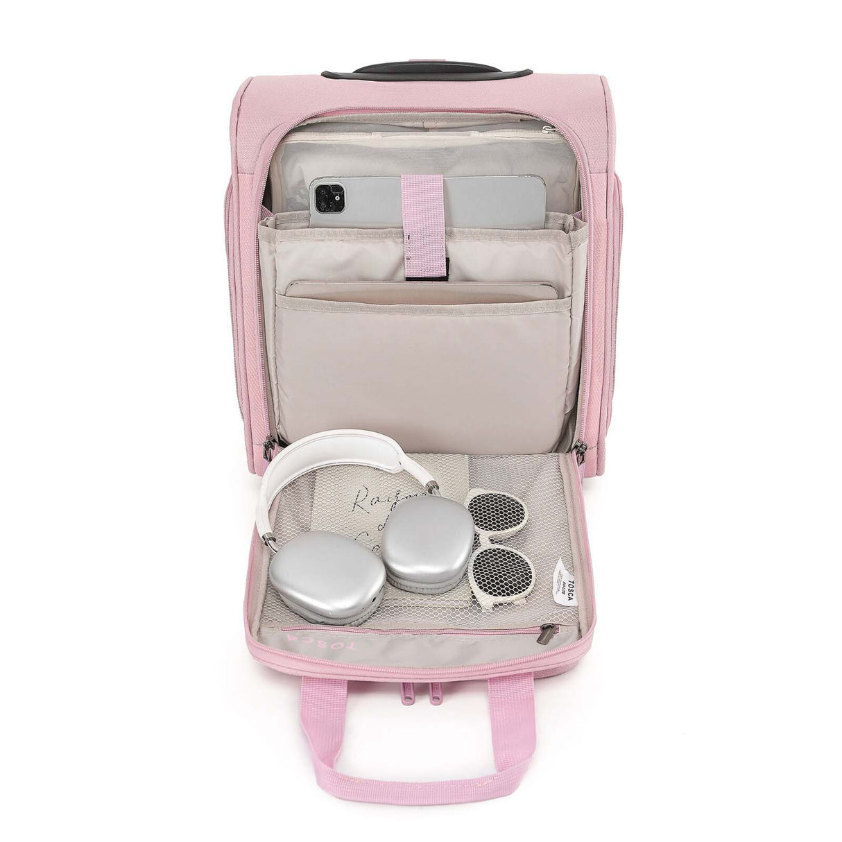 A pink rolling suitcase with an extended telescoping handle, shown on a plain white background. The suitcase features a top carry handle, a front zippered pocket, and spinner wheels.