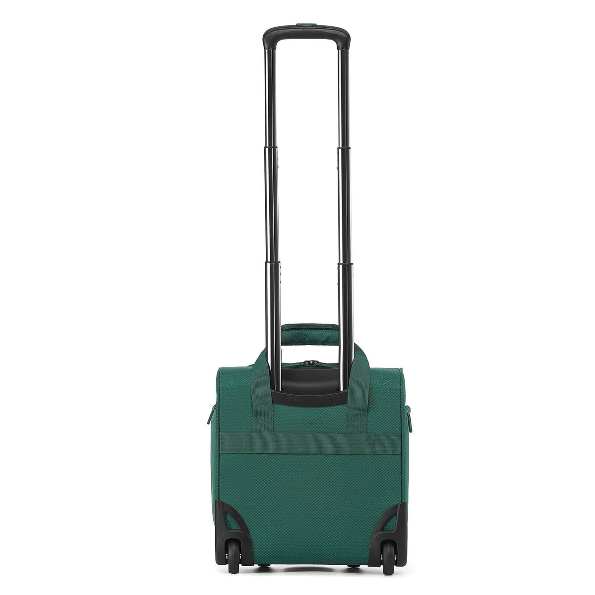 An Emerald Green rolling suitcase with an extended telescoping handle, shown on a plain white background. The suitcase features a top carry handle, a front zippered pocket, and spinner wheels.