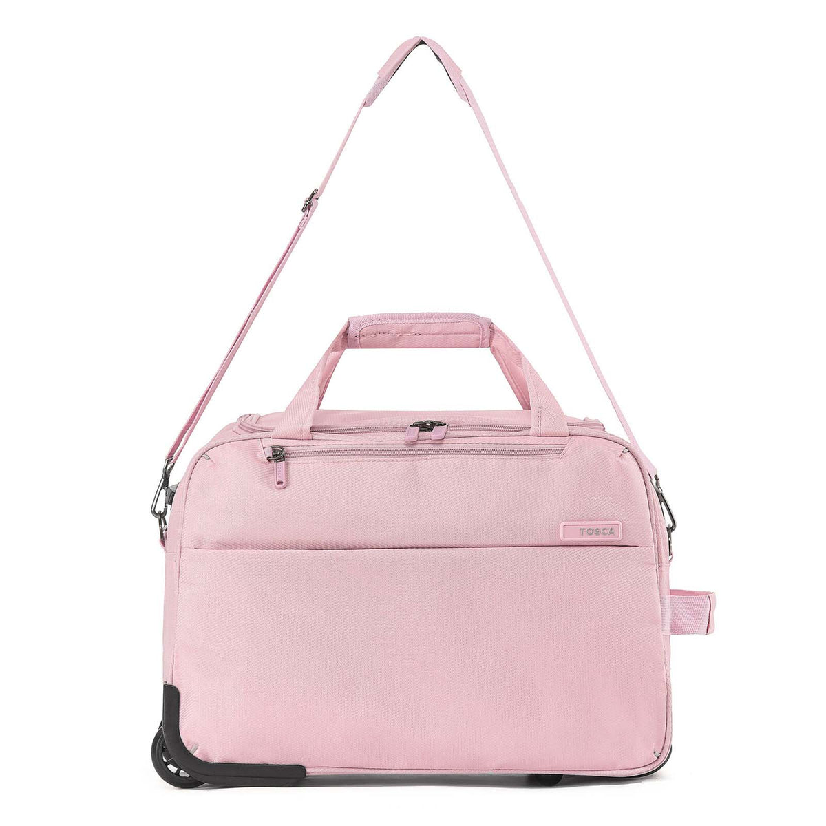 A light pink Carry-On bag with a top handle, shoulder strap, and a wheel at the bottom, shown on a plain white background.