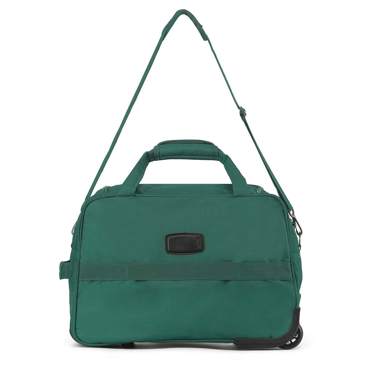 An Emerald Green Carry-On bag with a top handle, shoulder strap, and a black rectangular name badge, shown on a plain white background.
