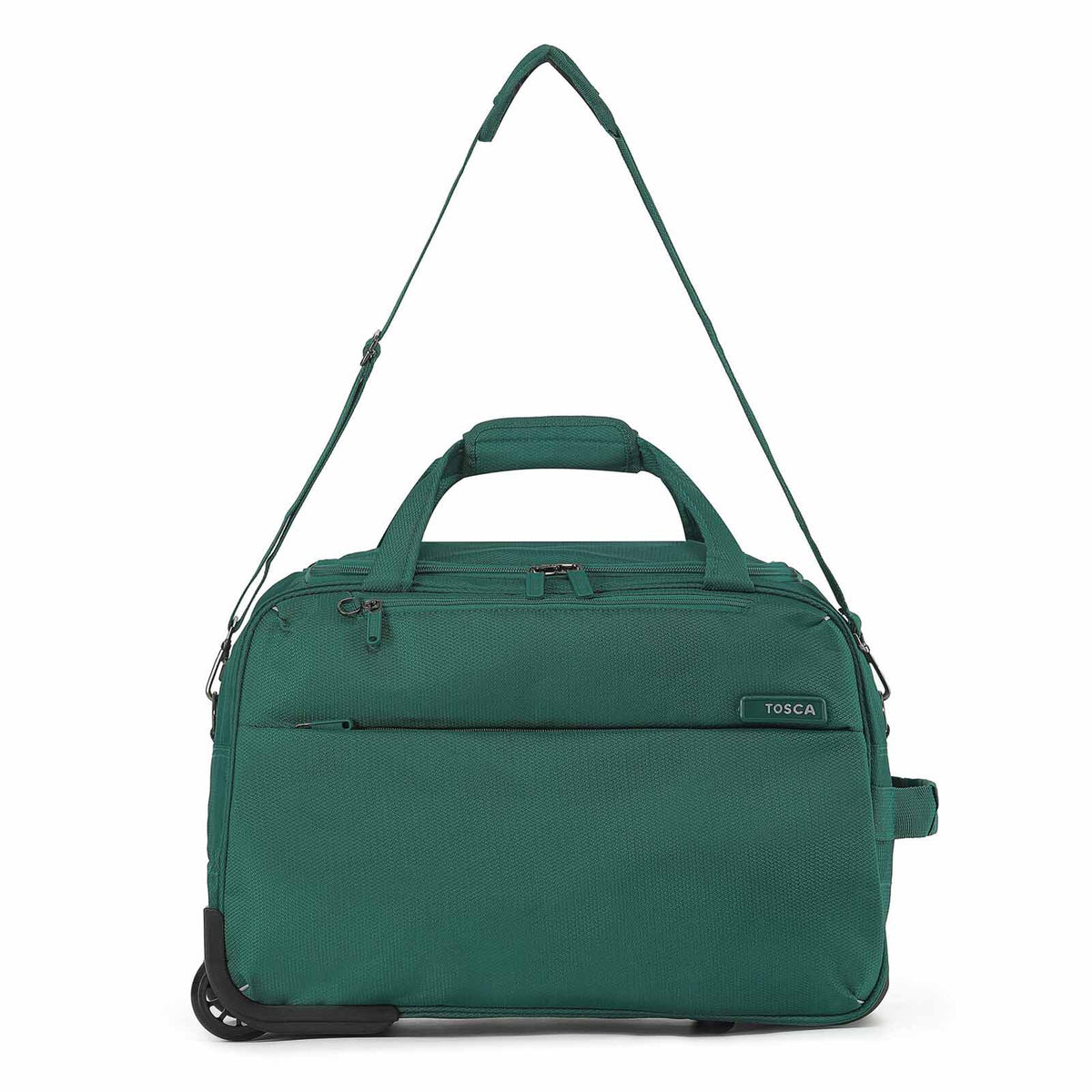 An Emerald Green Carry-On bag with a top handle, shoulder strap, and a wheel at the bottom, shown on a plain white background.