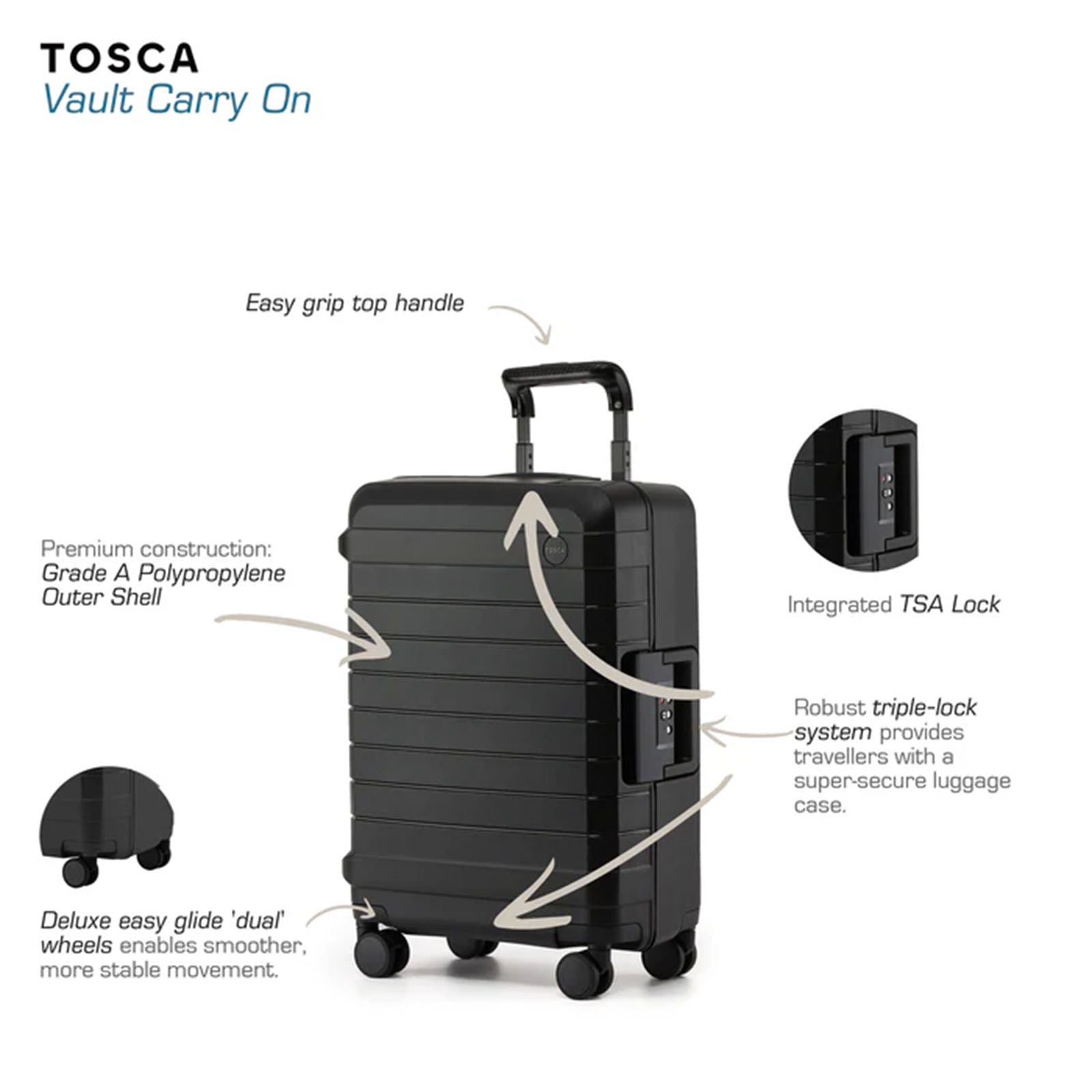 Tosca-Vault-4-Wheel-54cm-Carry-On-Suitcase-Black-Info