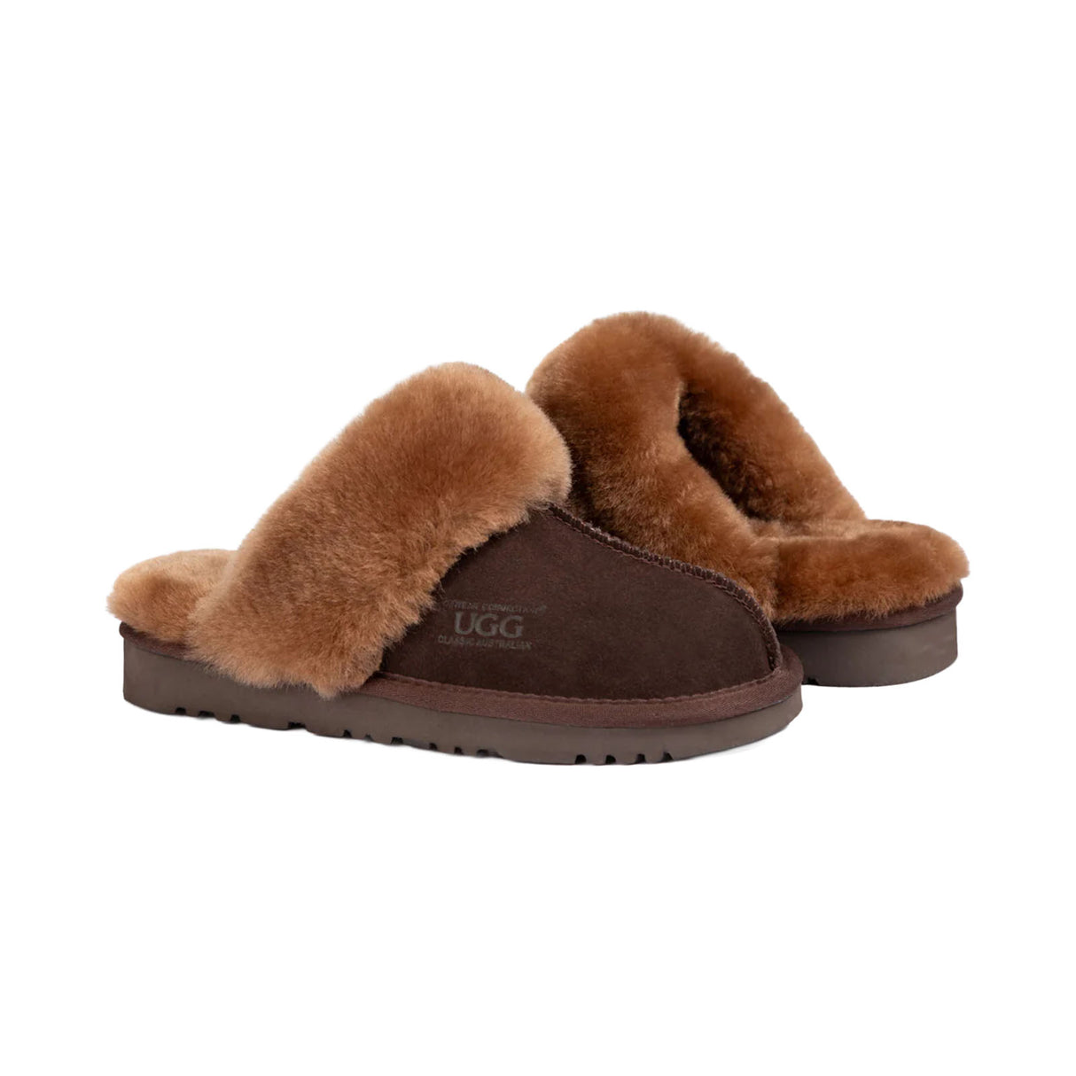 Ugg-Slipper-Unisex-Scuffette-Chocolate-Pair-Angle