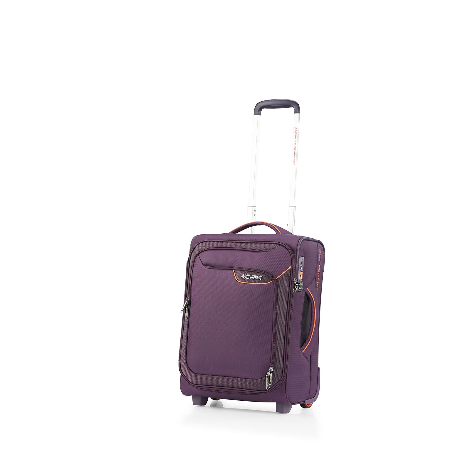 American-Tourister-Applite-4-Eco-50cm-Carry-On-Suitcase-Purple-Orange-Front-Angle