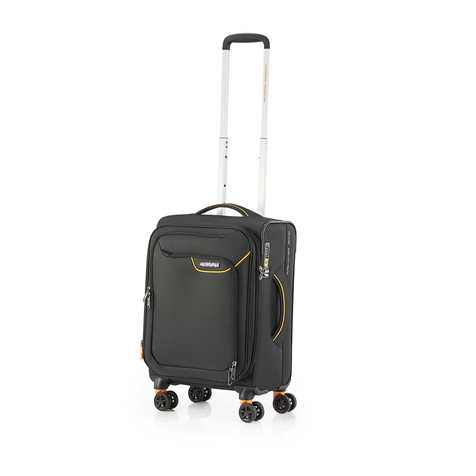 American-Tourister-Applite-4-Eco-55cm-Carry-On-Suitcase-Black-Mustard-Front-Angle