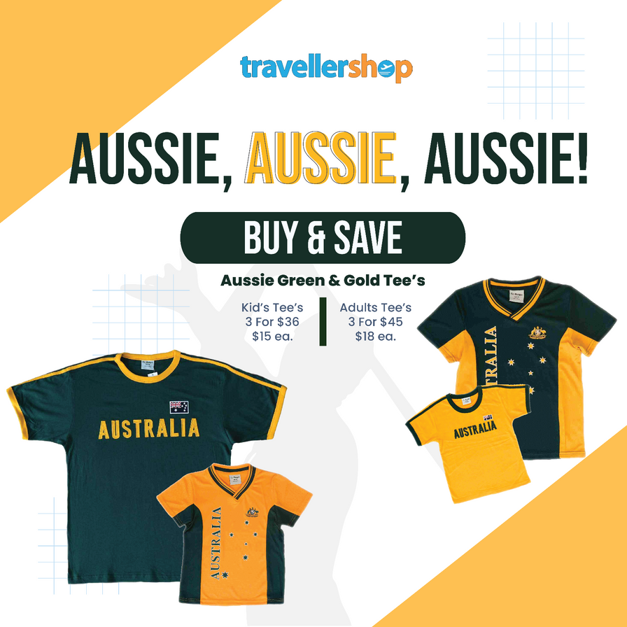 Promotional image of Australian-themed t-shirts with 'travellershop' branding.
