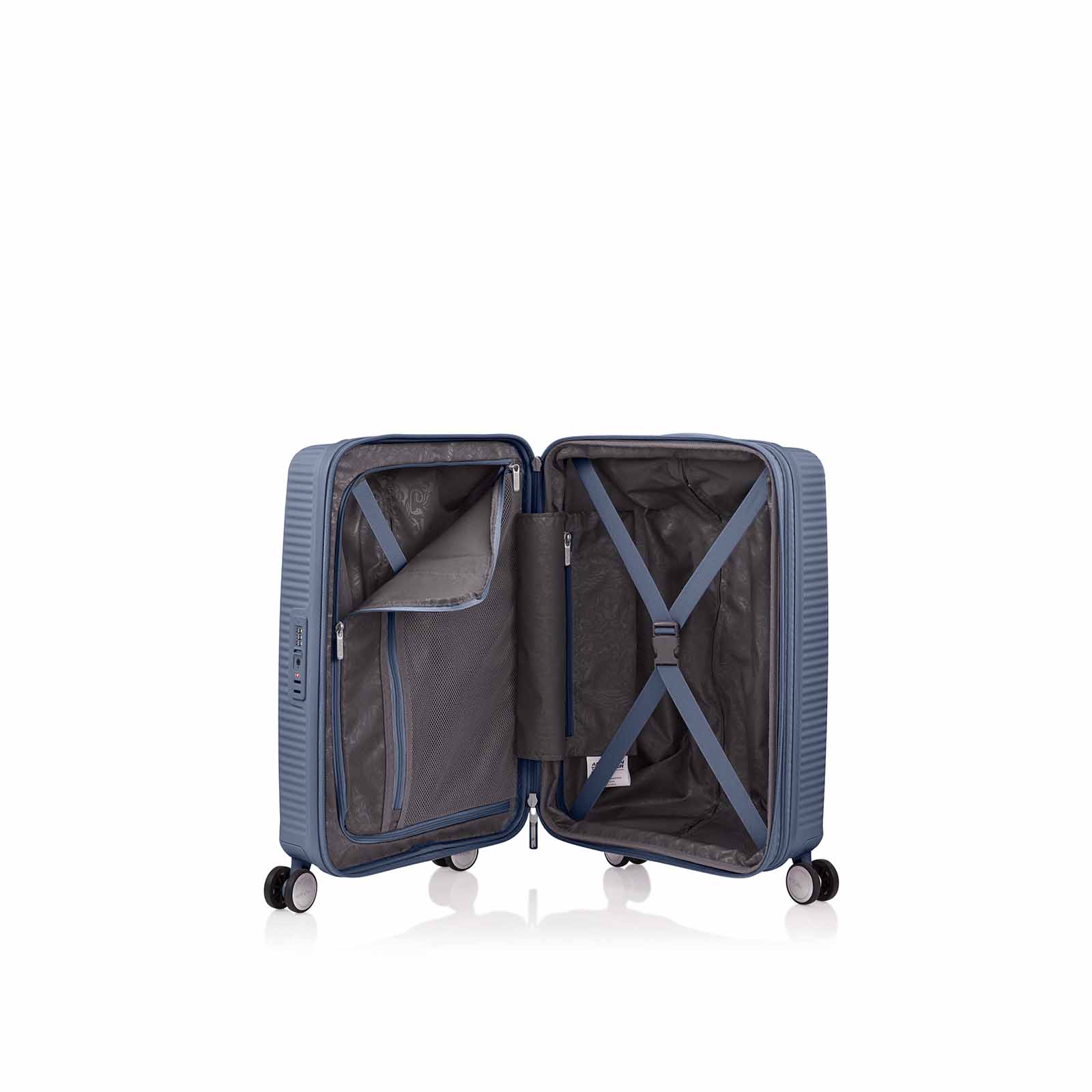 American-Tourister-Curio-2-55cm-Carry-On-Suitcase-Stone-Blue-Open