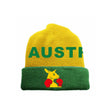 Yellow and green beanie with 'AUSTRALIA' and kangaroo emblem on a green background