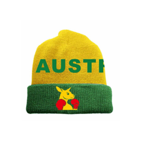 Yellow and green beanie with 'AUSTRALIA' and kangaroo emblem on a green background